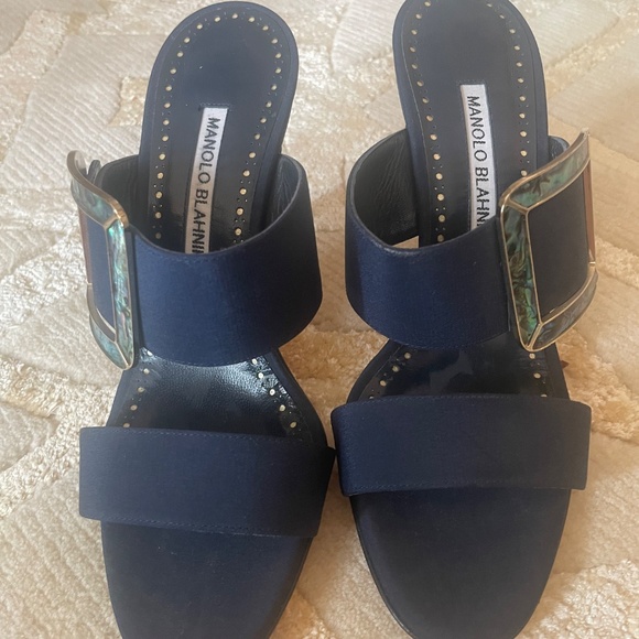 Navy Manolo Blahnik Heeled Sandals - Picture 2 of 7